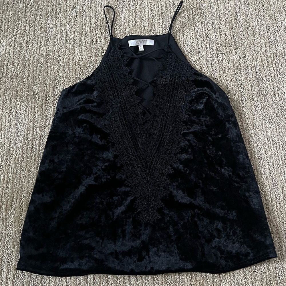 WAYF Black Velvet Lace Criss Cross Tank Top